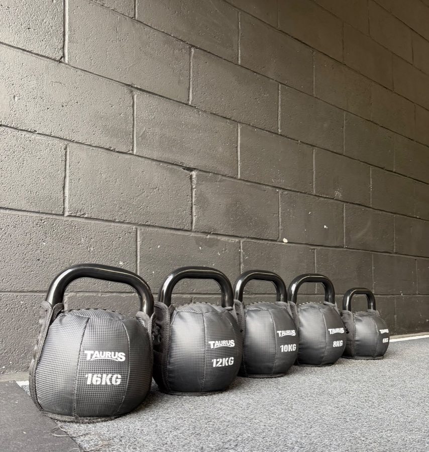 Kettlebells from 6kg to 16kg lined up at No Lippy Fitness